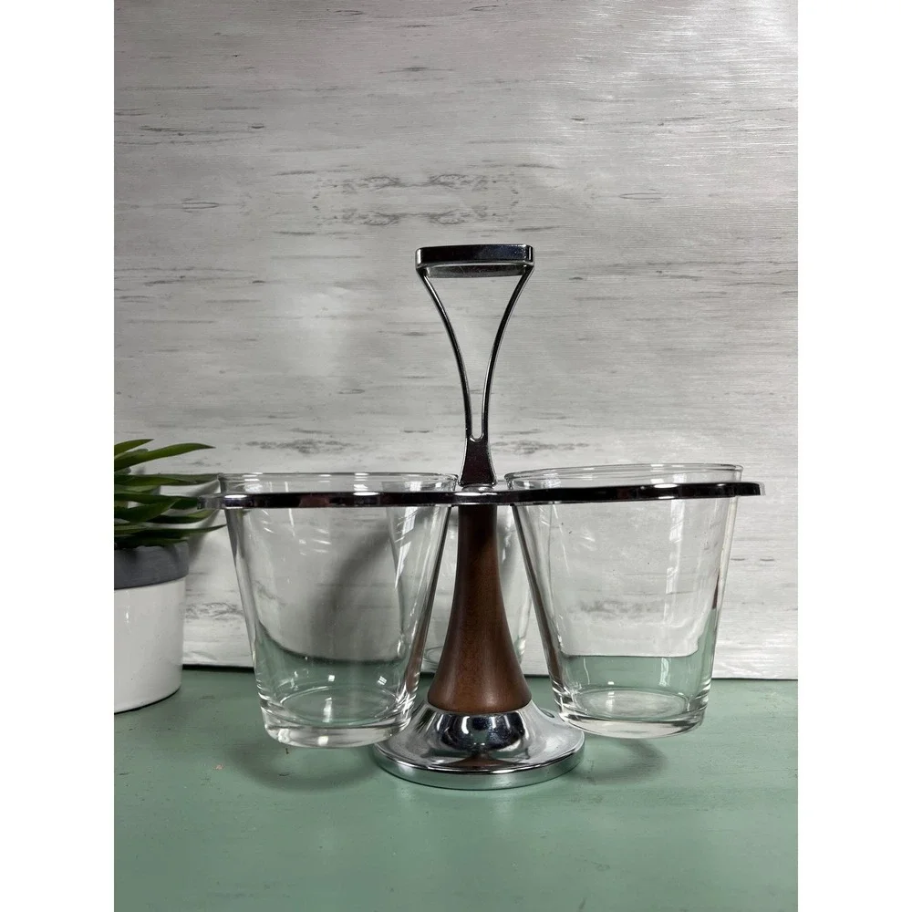 Vintage Chrome Glass Condiment Holder Faux Wood